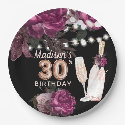 Luxury Personalized 30th Birthday Wine Roos Papieren Bordje (Voorkant)