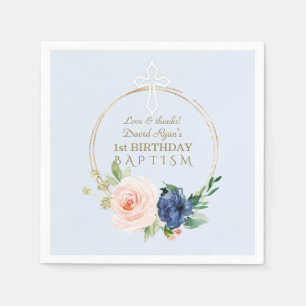 Luxury Pink Blue Floral Boy 1st Birthday & Baptism Servet