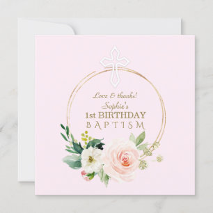 Luxury Pink Blush Floral 1st Birthday en Baptisme Bedankkaart