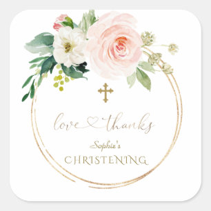 Luxury Pink Blush Floral White Cross Christening Vierkante Sticker