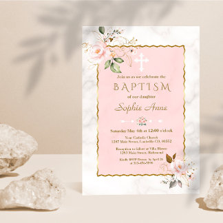 Luxury Pink Blush Gold Flowers Marble Baptisme Kaart