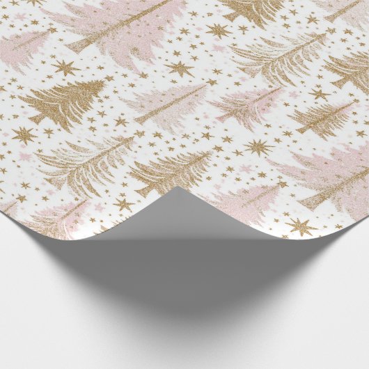 Luxury Pink & Gold Christmas Tree Pattern Holiday Cadeaupapier (Hoek)
