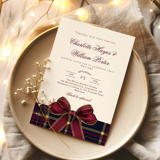 Luxury plaid Burgundy Bow Winter Weddding Kaart