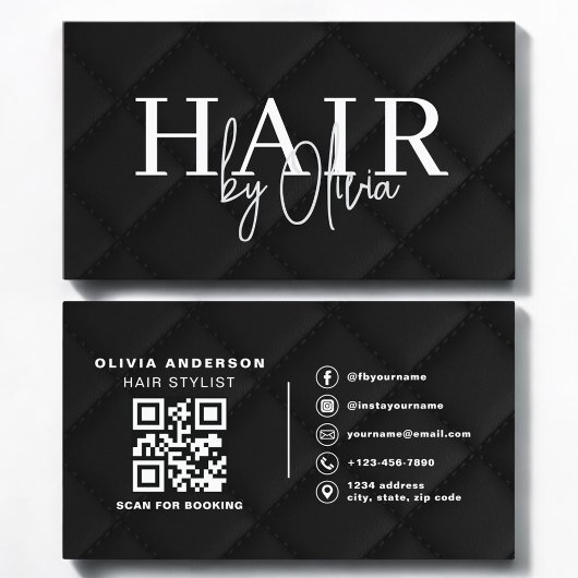 Luxury QR Code Hair Stylist Black Quilted Fabric Visitekaartje