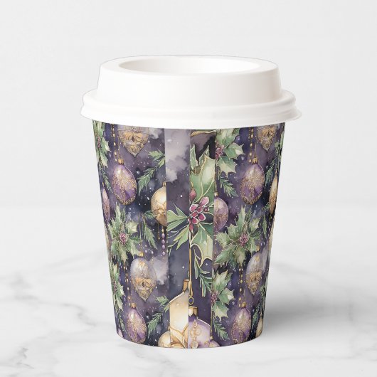 Luxury Radiance: Paarse en gouden kerstsprando Papieren Bekers (Rechts)