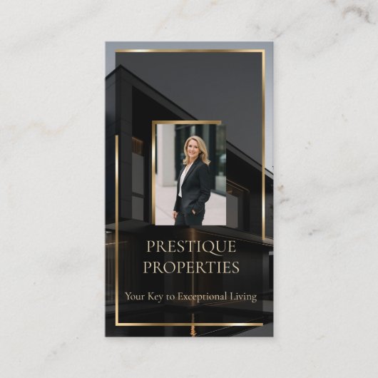 Luxury Real Estate Black Gold Photo Monogram Visitekaartje (Voorkant)