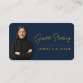 Luxury Real Estate Navy Blue Gold Script  Visitekaartje (Voorkant)