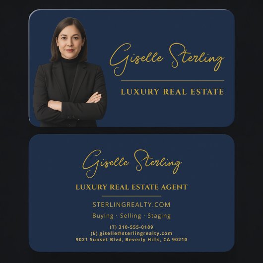 Luxury Real Estate Navy Blue Gold Script  Visitekaartje