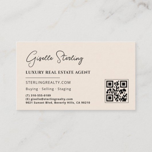 Luxury Real Estate Neutral Beige QR Code Visitekaartje (Achterkant)