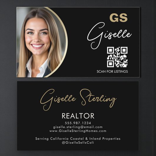 Luxury Realtor QR Code Black Gold Photo Visitekaartje