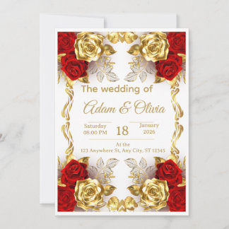 Luxury Red and Gold Floral Wedding Invitation Kaart