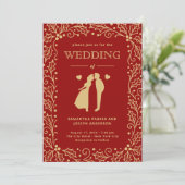 Luxury Red & Antique-Gold Wedding Kaart (Staand voorkant)