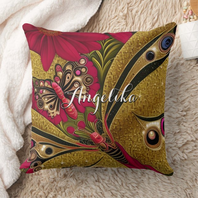 Luxury Red en Gold Butterfly - Aangepaste naam Kussen (Deken)