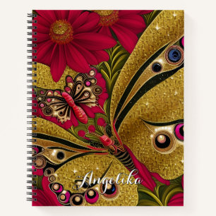 Luxury Red en Gold Butterfly - Aangepaste naam Notitieboek