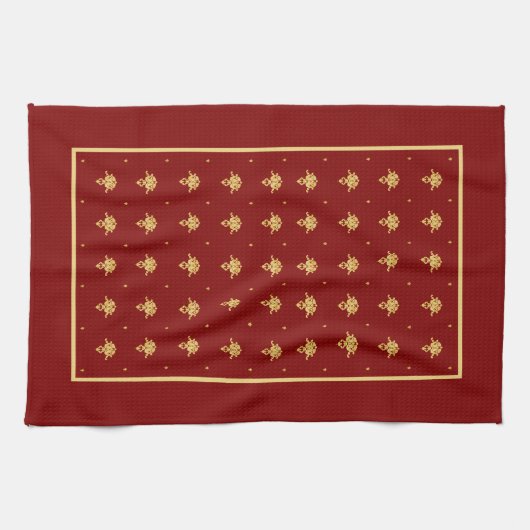 Luxury Red en Gold Damask-patroon Theedoek (Horizontaal)