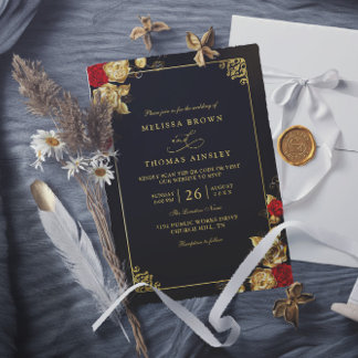 Luxury Red Gold and Black Elegant QR Code Wedding Kaart