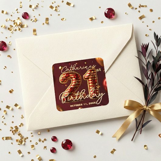 Luxury Red Gold Ruby Gem 21st Birthday Party Vierkante Sticker