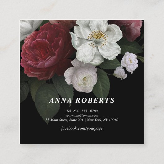 Luxury Red Pink White op zwarte Floral Vierkante Visitekaartje (Achterkant)