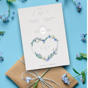 Luxury Romantic Botanical Floral Blue Shades Heart Folie Uitnodiging