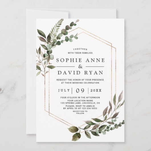 Luxury Roos Gold Geometric Greenery Wedding Kaart (Voorkant)