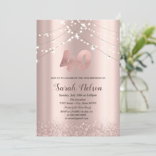 Luxury Roos Gold Glitter String Lights Uitnodiging (Staand voorkant)