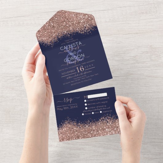 Luxury Roos Gold Navy Glitter Confetti Wedding All In One Uitnodiging (Afscheurbaar)