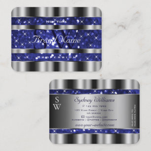 Luxury Royal Blue Glitter Stars Monogram Silver Visitekaartje