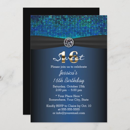 Luxury Royal Blue Ribbon Sweet 16 Kaart (Voorkant / Achterkant)