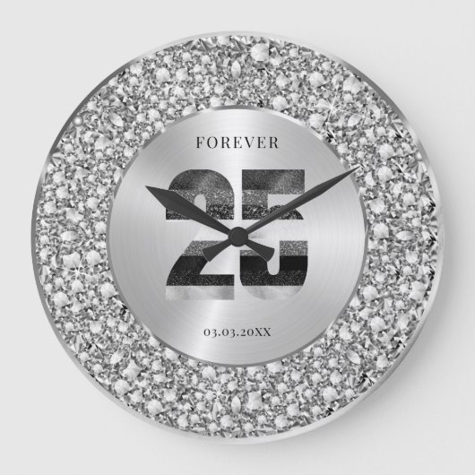 Luxury Silver 25th Anniversary Black & Gray Glitte Grote Klok (Voorkant)