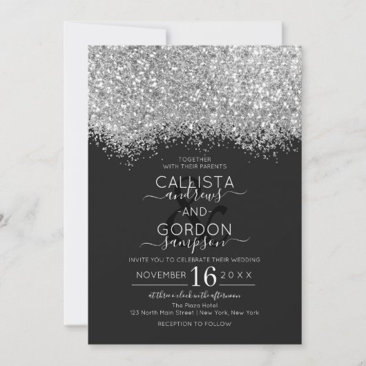 Luxury Silver Black Glitter Confetti Wedding Kaart (Voorkant)