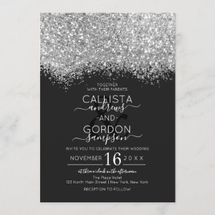 Luxury Silver Black Glitter Confetti Wedding Kaart