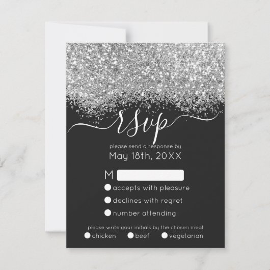 Luxury Silver Black Glitter Confetti Wedding RSVP Kaartje (Voorkant)