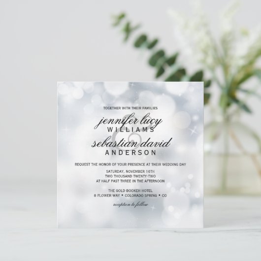 Luxury Silver Bokeh Light Chic Wedding Kaart (Staand voorkant)