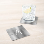 Luxury Silver Brushed Metal Monogram Name Initiaal Vierkante Kartonnen Onderzetter (Insitu)