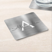 Luxury Silver Brushed Metal Monogram Name Initiaal Vierkante Kartonnen Onderzetter (Schuin)