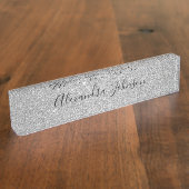 Luxury Silver Glitter Sparkle Girly Modern Naambordje (Zijkant)