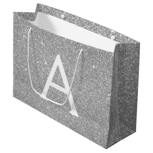 Luxury Silver Glitter & Sparkle Monogram Groot Cadeauzakje (Voorkant Gekanteld)