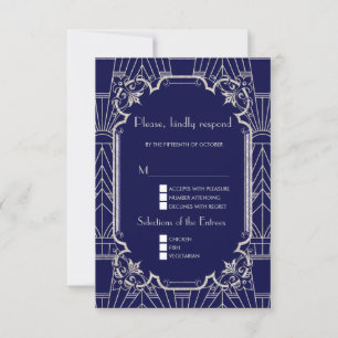 Luxury Silver Navy Blue Great 20s Wedding RSVP Kaartje