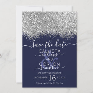 Luxury Silver Navy Glitter Confetti Wedding Save The Date