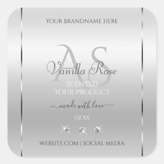 Luxury Silver Product Labels Diamonds en Monogram (Voorkant)
