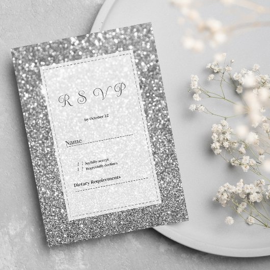 Luxury silver sparkly glitter glam RSVP  Kaart