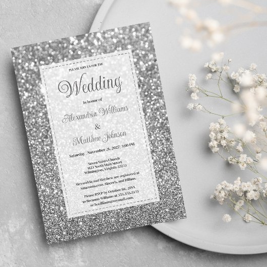 Luxury silver sparkly glitter glam Wedding  Kaart