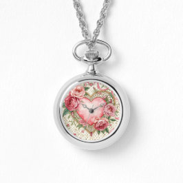 Luxury, Valentine Day ,Love Pink Heart and Flowers Horloge