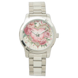 Luxury, Valentine Day ,Love Pink Heart and Flowers Horloge