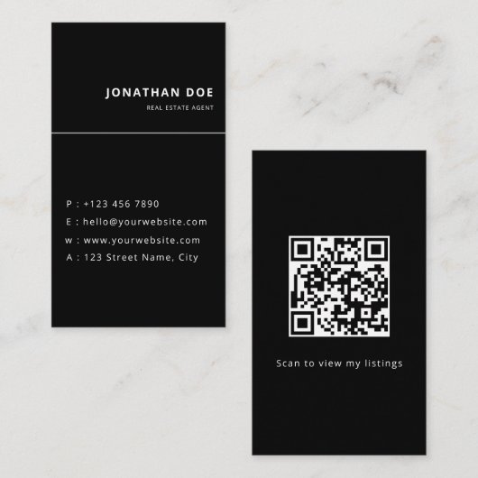 Luxury Vertical Black QR Code Realtor  Visitekaartje (Voorkant / Achterkant)