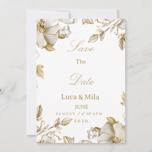Luxury white and gold floral Save the Date Kaart (Voorkant)
