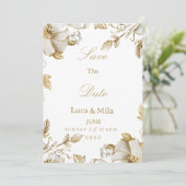 Luxury white and gold floral Save the Date Kaart (Staand voorkant)