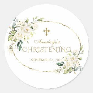 Luxury White Flowers Gold Christening Ronde Sticker