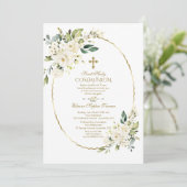 Luxury White Flowers Gold First Heilige Communie Kaart (Staand voorkant)