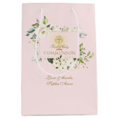 Luxury White Flowers Gold First Heilige Communie Medium Cadeauzakje (Voorkant)